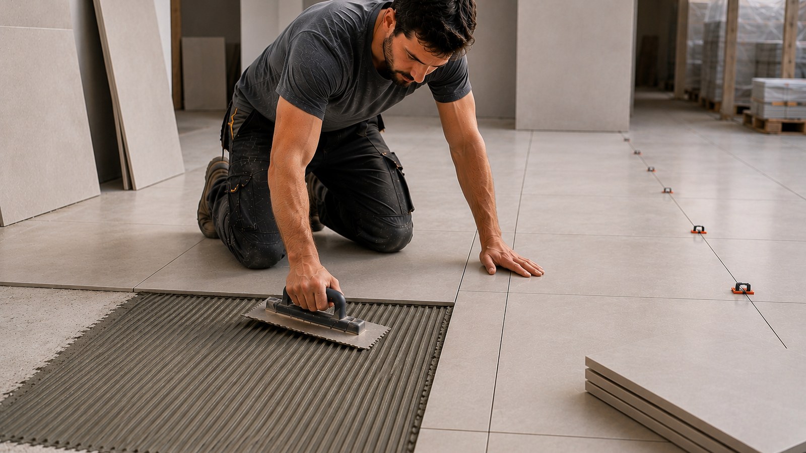 Profissional assentando piso com argamassa