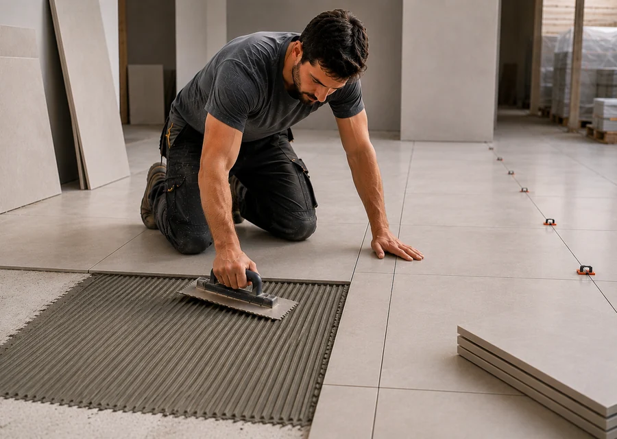 Profissional assentando piso com argamassa